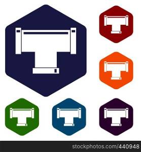 T pipe connection icons set hexagon isolated vector illustration. T pipe connection icons set hexagon