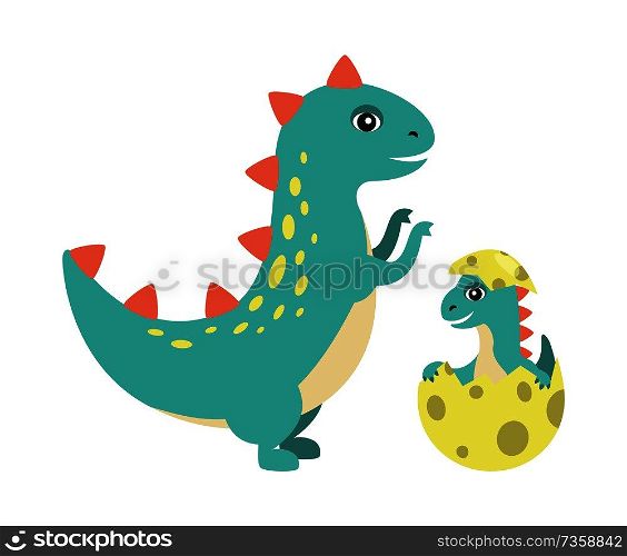 T-rex and kid in egg with black dots image of dinosaurs type, old reptile new generation, prehistoric vector illustration isolated on white background. T-Rex and Kid in Egg Image Vector Illustration