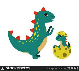 T-rex and kid in egg with black dots image of dinosaurs type, old reptile new generation, prehistoric vector illustration isolated on white background. T-Rex and Kid in Egg Image Vector Illustration
