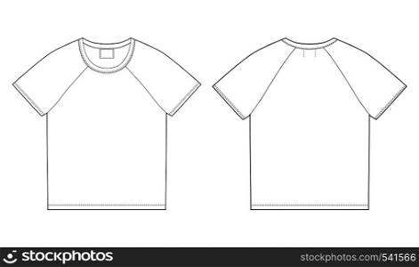 T-shirt design template. Front and back vector. Technical sketch raglan unisex t shirt. T-shirt design template. Front and back vector.