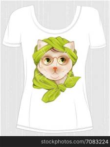 t-shirt design with cat. Hipster cat with glasses and silk scarf. Design for women&rsquo;s t-shirt