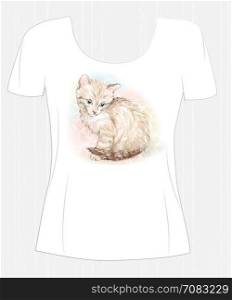 t-shirt design with cute kitten and flower. Design for women&rsquo;s t-shirt