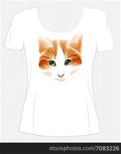 t-shirt design with face of ginger cute cat. Design for women&rsquo;s t-shirt