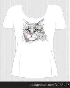 t-shirt design with green-eyed cat. Design for women&rsquo;s t-shirt