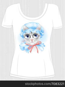t-shirt design with hipster cat. Vintage cat with glasses. Design for women&rsquo;s t-shirt