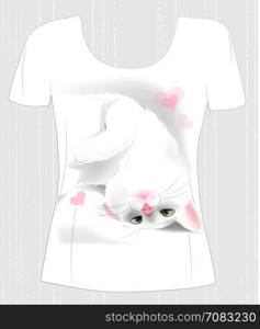 t-shirt design with playful white cat and hearts. Design for women&rsquo;s t-shirt. Present for Valentines day