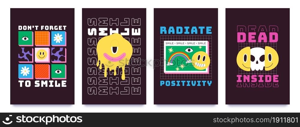 T-shirt design with psychedelic smiley faces, graffiti art. Melting emoji with skull, rainbow and slogan. Cool 70s groovy prints vector set. Radiate positivity, dead inside. Comic characters. T-shirt design with psychedelic smiley faces, graffiti art. Melting emoji with skull, rainbow and slogan. Cool 70s groovy prints vector set