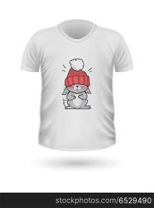 T-shirt Front View with Animals Isolated on White. T-shirt front view with animals isolated on white. Realistic t-shirt vector in flat. Cartoon character rabbit in winter cloth. Casual wear. Cotton unisex polo outfit. Fashionable apparel