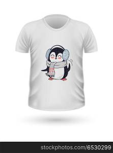 T-shirt Front View with Animals Isolated on White. T-shirt front view with animals isolated on white. Realistic t-shirt vector in flat. Cartoon character penguin, in winter cloth. Casual wear. Cotton unisex polo outfit. Fashionable apparel