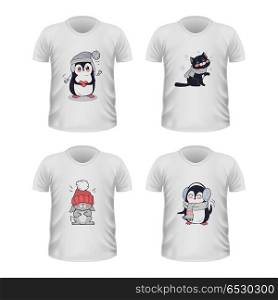 T-shirt Front View with Animals Isolated on White. T-shirt front view with animals isolated on white. Realistic t-shirt vector in flat. Cartoon character penguin, cat, rabbit in winter cloth. Casual wear. Cotton unisex polo outfit. Fashionable apparel