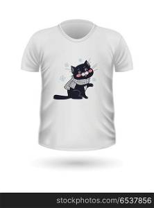 T-shirt Front View with Animals Isolated on White. T-shirt front view with animals isolated on white. Realistic t-shirt vector in flat. Cartoon character cat in winter cloth. Casual wear. Cotton unisex polo outfit. Fashionable apparel