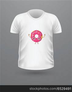 T-shirt Front View with Food Isolated on White. T-shirt front view with food isolated. Realistic t-shirt vector in flat. Ice cream characters boy and girl, doughnut, croissant. Casual wear. Cotton unisex polo outfit. Fashionable apparel