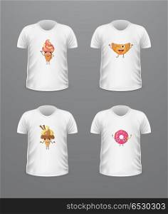 T-shirt Front View with Food Isolated on White. T-shirt front view with food isolated on white Realistic t-shirt vector in flat. Ice cream characters boy and girl, doughnut, croissant. Casual wear. Cotton unisex polo outfit. Fashionable apparel