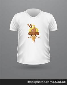 T-shirt Front View with Ice Cream Isolated.. T-shirt front view with ice cream isolated. White t-shirt. Realistic t-shirt vector in flat. Sweet ice cream character. Casual women wear. Cotton t-shirt unisex polo outfit. Fashionable apparel.
