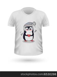 T-shirt Front View with Little Penguin Isolated. T-shirt front view with little penguin isolated. White t-shirt. Realistic t-shirt vector in flat. Valentines day concept. Casual women wear. Cotton t-shirt unisex polo outfit. Fashionable apparel.
