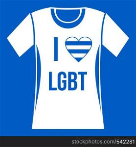 T-shirt i love LGBT icon white isolated on blue background vector illustration. T-shirt i love LGBT icon white