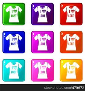 T-shirt i love LGBT icons of 9 color set isolated vector illustration. T-shirt i love LGBT set 9