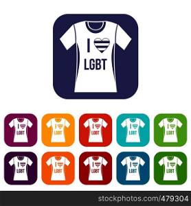 T-shirt i love LGBT icons set vector illustration in flat style in colors red, blue, green, and other. T-shirt i love LGBT icons set