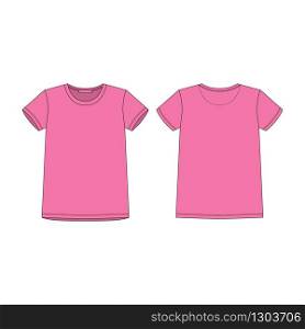 T-shirt in pink color for women isolated isolated on white background. Sportswear, casual urban style. Front and back technical sketch. Fashion vector illustration. T-shirt in pink color for women isolated isolated on white background.