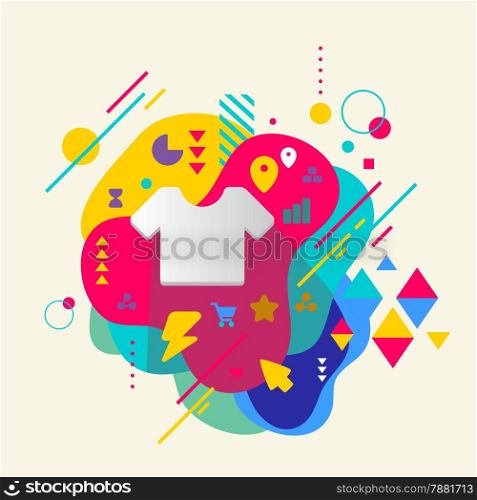 T shirt on abstract colorful spotted background with different elements. Flat design.