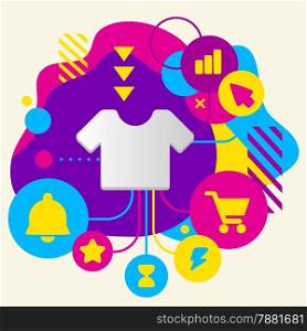 T shirt on abstract colorful spotted background with different icons and elements. Flat design for the web, interface, print, banner, advertising.