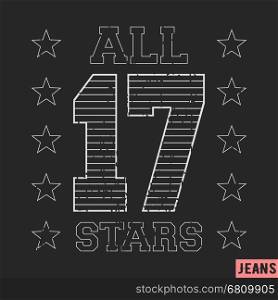 T-shirt print design. 17 all star vintage stamp. Printing and badge applique label t-shirts, jeans, casual wear. Vector illustration.