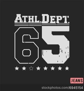 T-shirt print design. 65 athletic department vintage stamp. Printing and badge, applique, label, t shirts, jeans, casual and urban wear. Vector illustration.. T-shirt print design
