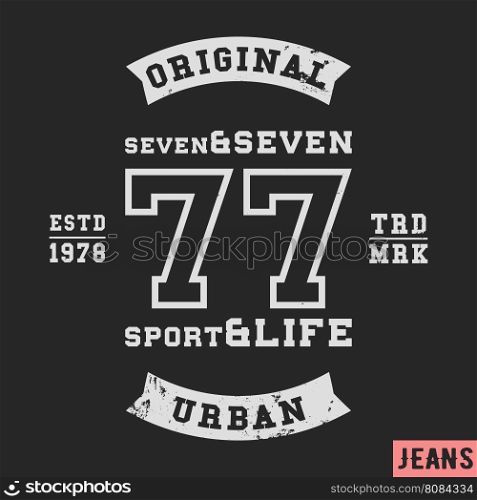 T-shirt print design. 77 vintage stamp. Printing and badge applique label t-shirts, jeans, casual wear. Vector illustration.