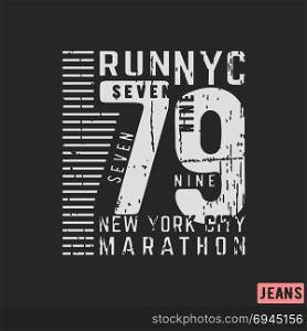 T-shirt print design. 79 New York City marathon vintage stamp. Printing and badge, applique, label, t shirts, jeans, casual and urban wear. Vector illustration.. T-shirt print design