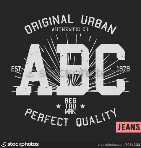 T-shirt print design. ABC vintage stamp. Printing and badge applique label t-shirts, jeans, casual wear. Vector illustration.
