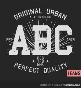 T-shirt print design. ABC vintage stamp. Printing and badge applique label t-shirts, jeans, casual wear. Vector illustration.