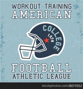 T-shirt print design. American football helmet vintage poster. Vector illustration.. American football helmet