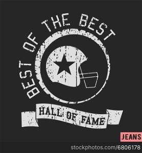 T-shirt print design. American football helmet vintage stamp. Printing and badge applique label t-shirts, jeans, casual wear. Vector illustration.