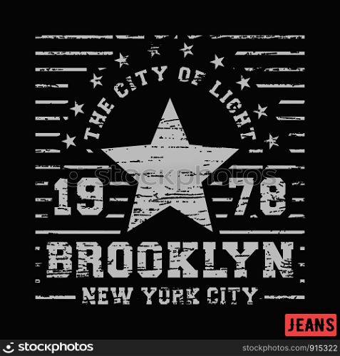 T-shirt print design. Brooklyn star vintage stamp. Printing and badge, applique, label, t shirts, jeans, casual and urban wear. Vector illustration.. T-shirt print design. Brooklyn star vintage stamp. Printing and badge, applique, label, t shirts, jeans, casual and urban wear