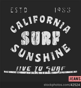 T-shirt print design. California surf vintage stamp. Printing and badge applique label t-shirts, jeans, casual wear. Vector illustration.