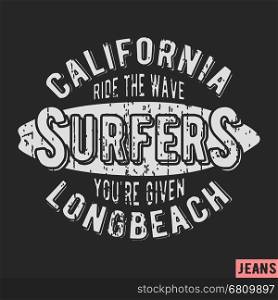 T-shirt print design. California surfers vintage stamp. Printing and badge applique label t-shirts, jeans, casual wear. Vector illustration.