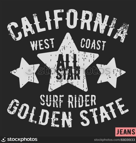 T-shirt print design. California vintage stamp. Printing and badge applique label t-shirts, jeans, casual wear. Vector illustration.