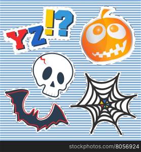 T-shirt print design. Fashion badges, patches, vintage stamp. Printing and badge applique label t-shirts, jeans, casual wear. Halloween pumpkin, skull, bat and cobweb. Vector illustration.