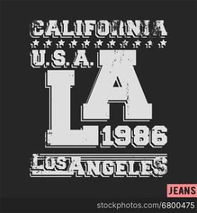 T-shirt print design. Los Angeles vintage stamp. Printing and badge applique label t-shirts, jeans, casual wear. Vector illustration.