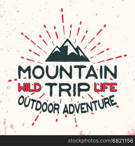 T-shirt print design. Mountain outdoor adventure vintage stamp. Printing and badge applique label t-shirts, jeans, casual wear. Vector illustration.. Mountain outdoor adventure vintage stamp