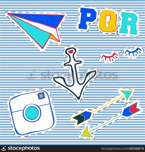 T-shirt print design. Patch fashion, vintage stamp. Printing and badge applique label t-shirts, jeans, casual wear. Paper plane camera arrows eye and anchor. Vector illustration.