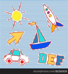 T-shirt print design. Patch fashion, vintage stamp. Printing and badge applique label t-shirts, jeans, casual wear. Arrow yacht rocket car and sun. Vector illustration.