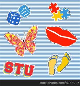 T-shirt print design. Patch fashion, vintage stamp. Printing and badge applique label t-shirts, jeans, casual wear. Puzzle butterfly dices footprint and red lips. Vector illustration.