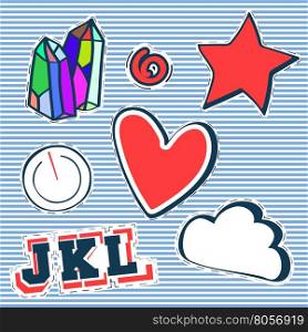 T-shirt print design. Patch fashion, vintage stamp. Printing and badge applique label t-shirts, jeans, casual wear. Crystal star heart and cloud. Vector illustration.