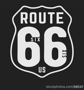 T-shirt print design. Route 66 vintage stamp. Printing and badge, applique, label, t shirts, jeans, casual and urban wear. Vector illustration.. T-shirt print design
