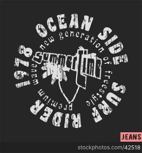 T-shirt print design. Surf rider vintage stamp. Printing and badge applique label t-shirts, jeans, casual wear. Vector illustration.