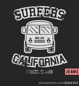 T-shirt print design. Surfer bus vintage stamp. Printing and badge applique label t-shirts, jeans, casual wear. Vector illustration.