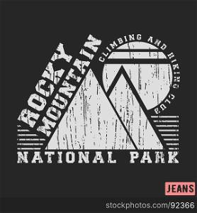 T-shirt print design. T-shirt print design. Rocky mountain vintage stamp. Printing and badge applique label t-shirts, jeans, casual wear. Vector illustration.