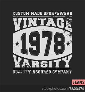 T-shirt print design. Varsity vintage stamp. Printing and badge applique label t-shirts, jeans, casual wear. Vector illustration.