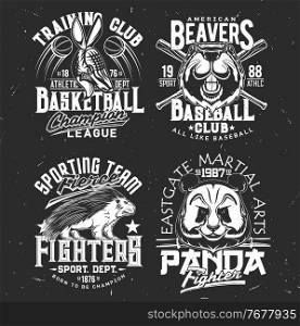T-shirt prints armadillo, panda, beaver and porcupine vector mascots. Sport team uniform apparel design. Isolated labels with wild animals and typography, t shirt print or emblem for sport club. T-shirt prints with armadillo, panda, beaver